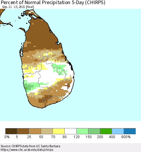 Sri Lanka Percent of Normal Precipitation 5-Day (CHIRPS) Thematic Map For 9/11/2021 - 9/15/2021