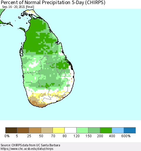 Sri Lanka Percent of Normal Precipitation 5-Day (CHIRPS) Thematic Map For 9/16/2021 - 9/20/2021