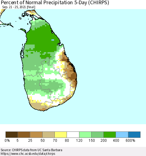 Sri Lanka Percent of Normal Precipitation 5-Day (CHIRPS) Thematic Map For 9/21/2021 - 9/25/2021