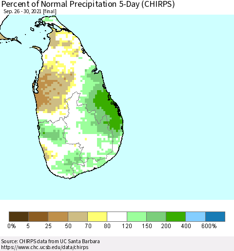 Sri Lanka Percent of Normal Precipitation 5-Day (CHIRPS) Thematic Map For 9/26/2021 - 9/30/2021
