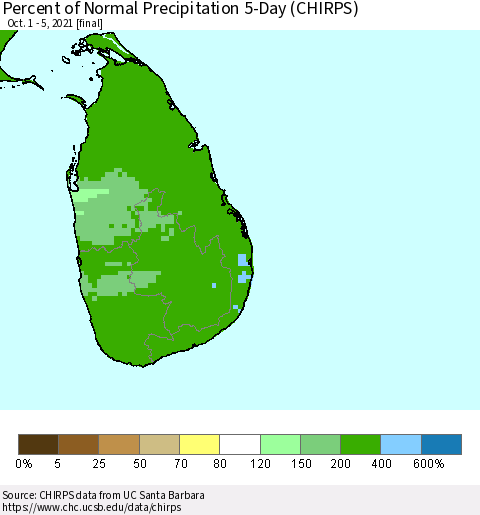 Sri Lanka Percent of Normal Precipitation 5-Day (CHIRPS) Thematic Map For 10/1/2021 - 10/5/2021