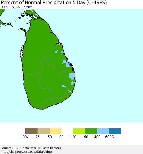 Sri Lanka Percent of Normal Precipitation 5-Day (CHIRPS) Thematic Map For 10/1/2021 - 10/5/2021