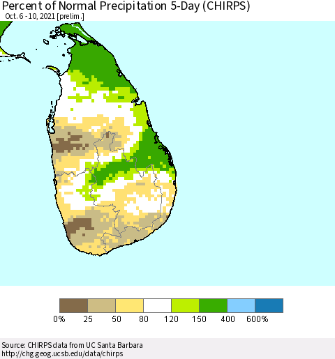Sri Lanka Percent of Normal Precipitation 5-Day (CHIRPS) Thematic Map For 10/6/2021 - 10/10/2021