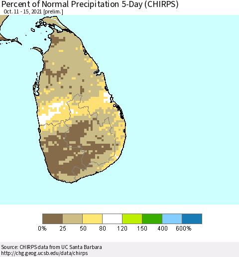 Sri Lanka Percent of Normal Precipitation 5-Day (CHIRPS) Thematic Map For 10/11/2021 - 10/15/2021