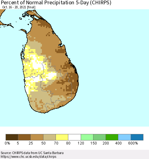 Sri Lanka Percent of Normal Precipitation 5-Day (CHIRPS) Thematic Map For 10/16/2021 - 10/20/2021
