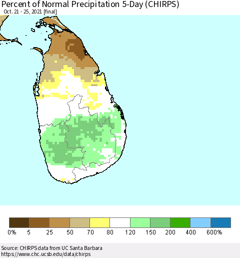 Sri Lanka Percent of Normal Precipitation 5-Day (CHIRPS) Thematic Map For 10/21/2021 - 10/25/2021