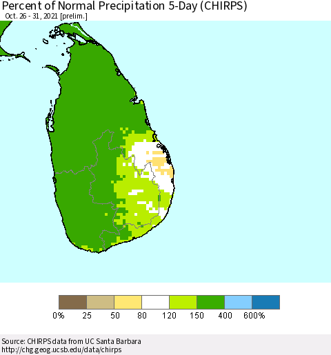 Sri Lanka Percent of Normal Precipitation 5-Day (CHIRPS) Thematic Map For 10/26/2021 - 10/31/2021