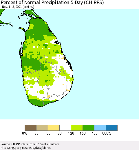 Sri Lanka Percent of Normal Precipitation 5-Day (CHIRPS) Thematic Map For 11/1/2021 - 11/5/2021