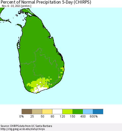 Sri Lanka Percent of Normal Precipitation 5-Day (CHIRPS) Thematic Map For 11/6/2021 - 11/10/2021