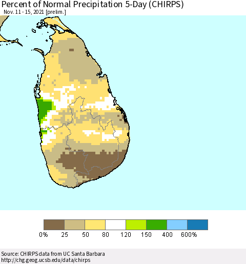 Sri Lanka Percent of Normal Precipitation 5-Day (CHIRPS) Thematic Map For 11/11/2021 - 11/15/2021