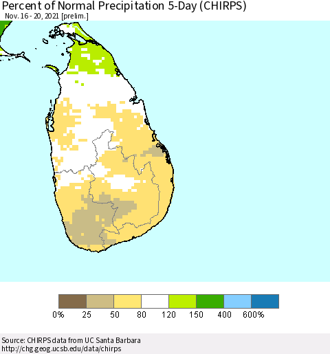 Sri Lanka Percent of Normal Precipitation 5-Day (CHIRPS) Thematic Map For 11/16/2021 - 11/20/2021