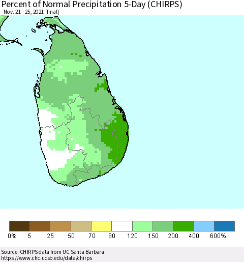 Sri Lanka Percent of Normal Precipitation 5-Day (CHIRPS) Thematic Map For 11/21/2021 - 11/25/2021