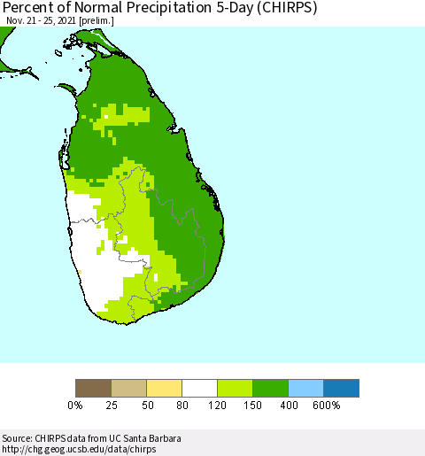 Sri Lanka Percent of Normal Precipitation 5-Day (CHIRPS) Thematic Map For 11/21/2021 - 11/25/2021