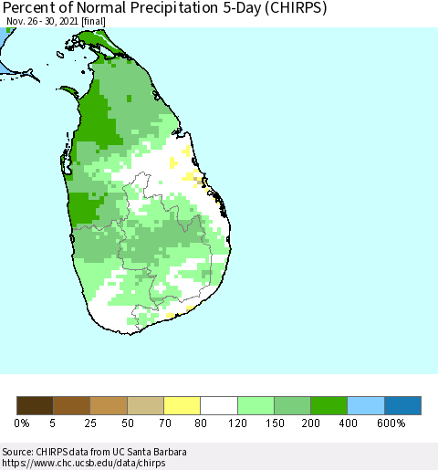 Sri Lanka Percent of Normal Precipitation 5-Day (CHIRPS) Thematic Map For 11/26/2021 - 11/30/2021