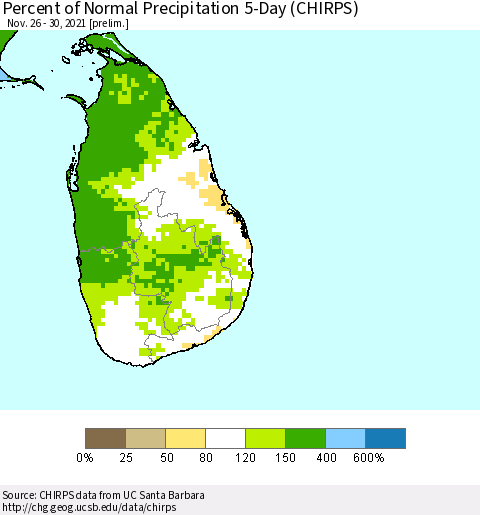 Sri Lanka Percent of Normal Precipitation 5-Day (CHIRPS) Thematic Map For 11/26/2021 - 11/30/2021