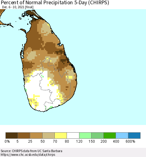 Sri Lanka Percent of Normal Precipitation 5-Day (CHIRPS) Thematic Map For 12/6/2021 - 12/10/2021