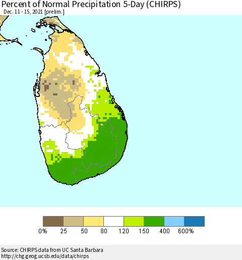 Sri Lanka Percent of Normal Precipitation 5-Day (CHIRPS) Thematic Map For 12/11/2021 - 12/15/2021