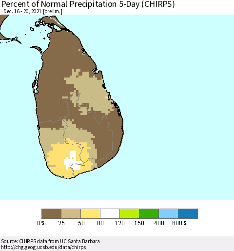 Sri Lanka Percent of Normal Precipitation 5-Day (CHIRPS) Thematic Map For 12/16/2021 - 12/20/2021