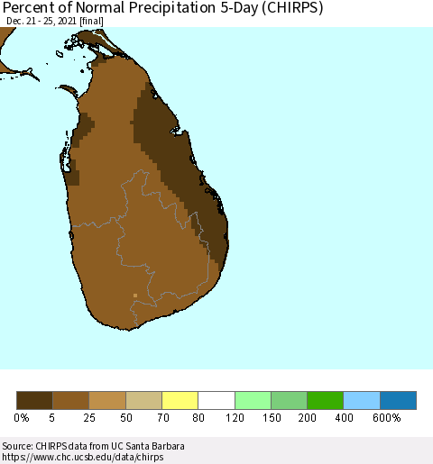 Sri Lanka Percent of Normal Precipitation 5-Day (CHIRPS) Thematic Map For 12/21/2021 - 12/25/2021