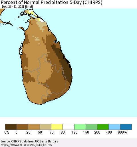Sri Lanka Percent of Normal Precipitation 5-Day (CHIRPS) Thematic Map For 12/26/2021 - 12/31/2021