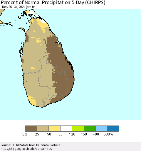 Sri Lanka Percent of Normal Precipitation 5-Day (CHIRPS) Thematic Map For 12/26/2021 - 12/31/2021