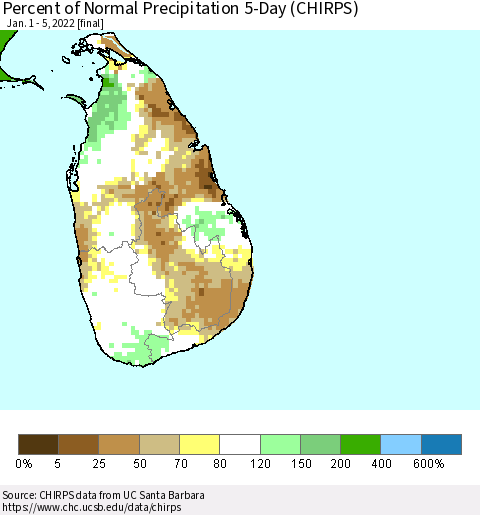 Sri Lanka Percent of Normal Precipitation 5-Day (CHIRPS) Thematic Map For 1/1/2022 - 1/5/2022