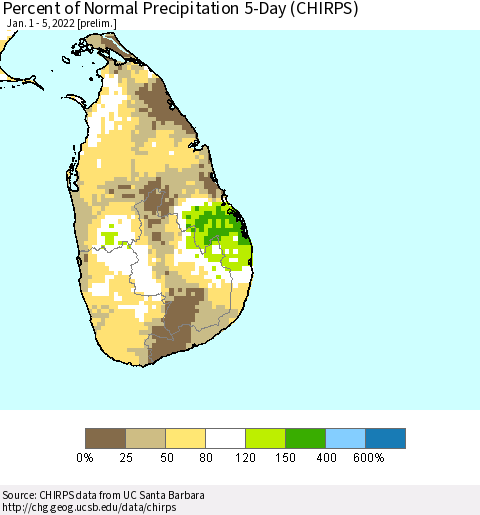 Sri Lanka Percent of Normal Precipitation 5-Day (CHIRPS) Thematic Map For 1/1/2022 - 1/5/2022