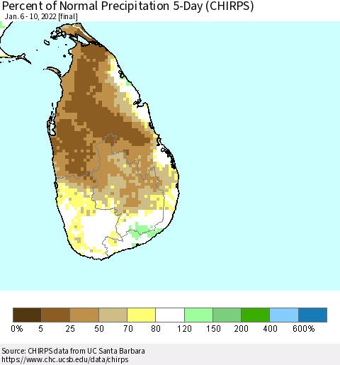 Sri Lanka Percent of Normal Precipitation 5-Day (CHIRPS) Thematic Map For 1/6/2022 - 1/10/2022