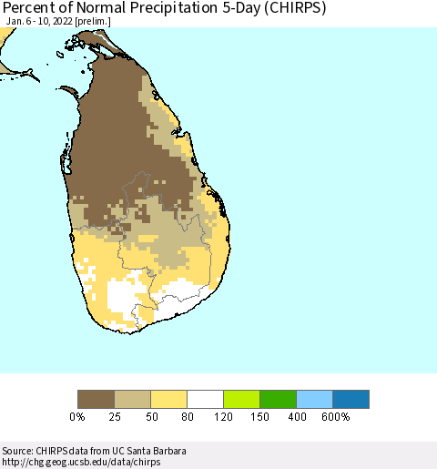 Sri Lanka Percent of Normal Precipitation 5-Day (CHIRPS) Thematic Map For 1/6/2022 - 1/10/2022