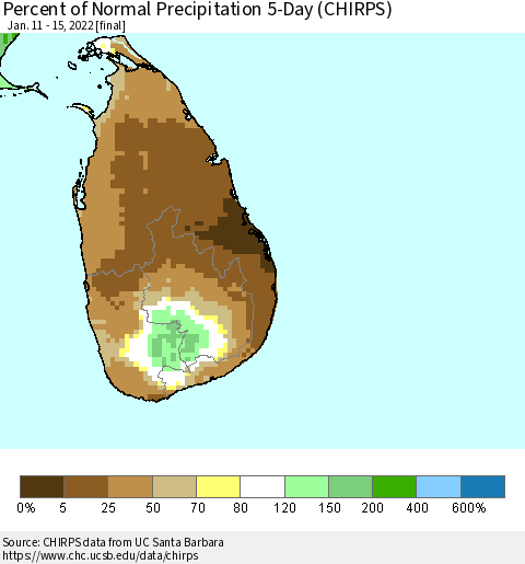 Sri Lanka Percent of Normal Precipitation 5-Day (CHIRPS) Thematic Map For 1/11/2022 - 1/15/2022