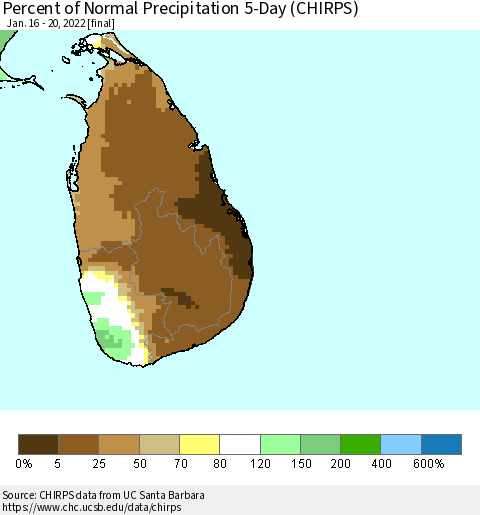 Sri Lanka Percent of Normal Precipitation 5-Day (CHIRPS) Thematic Map For 1/16/2022 - 1/20/2022