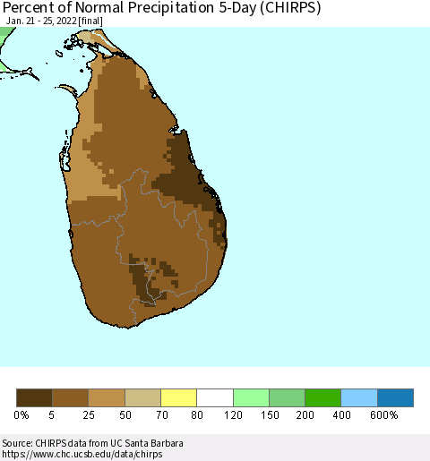 Sri Lanka Percent of Normal Precipitation 5-Day (CHIRPS) Thematic Map For 1/21/2022 - 1/25/2022
