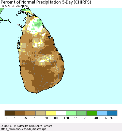 Sri Lanka Percent of Normal Precipitation 5-Day (CHIRPS) Thematic Map For 1/26/2022 - 1/31/2022