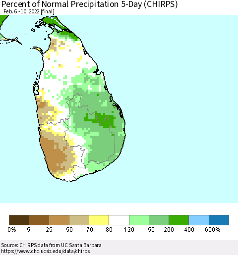 Sri Lanka Percent of Normal Precipitation 5-Day (CHIRPS) Thematic Map For 2/6/2022 - 2/10/2022