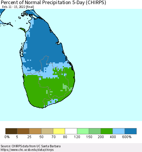 Sri Lanka Percent of Normal Precipitation 5-Day (CHIRPS) Thematic Map For 2/11/2022 - 2/15/2022
