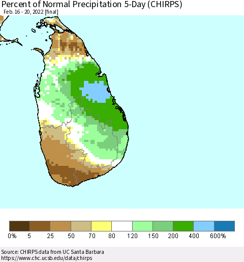 Sri Lanka Percent of Normal Precipitation 5-Day (CHIRPS) Thematic Map For 2/16/2022 - 2/20/2022