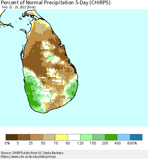 Sri Lanka Percent of Normal Precipitation 5-Day (CHIRPS) Thematic Map For 2/21/2022 - 2/25/2022