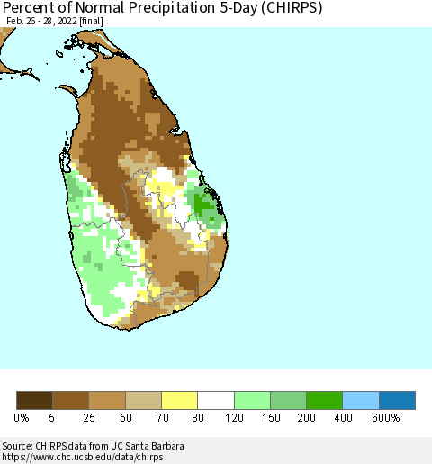 Sri Lanka Percent of Normal Precipitation 5-Day (CHIRPS) Thematic Map For 2/26/2022 - 2/28/2022