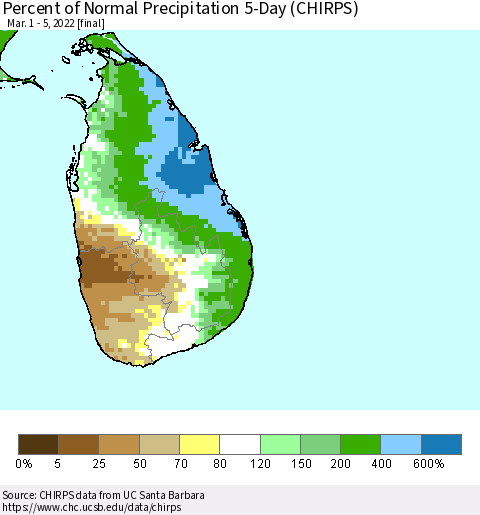 Sri Lanka Percent of Normal Precipitation 5-Day (CHIRPS) Thematic Map For 3/1/2022 - 3/5/2022