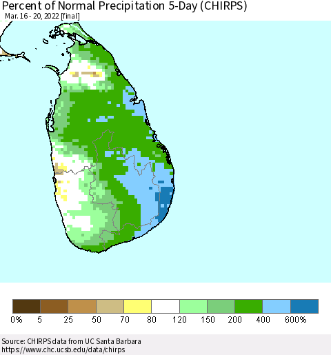 Sri Lanka Percent of Normal Precipitation 5-Day (CHIRPS) Thematic Map For 3/16/2022 - 3/20/2022