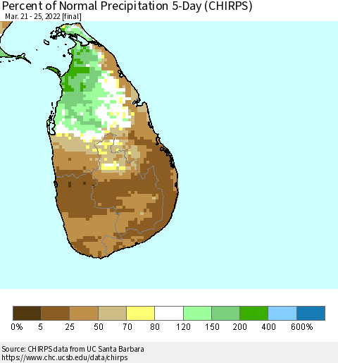 Sri Lanka Percent of Normal Precipitation 5-Day (CHIRPS) Thematic Map For 3/21/2022 - 3/25/2022