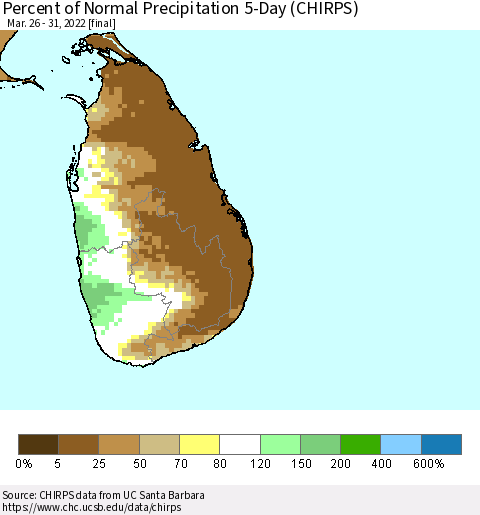 Sri Lanka Percent of Normal Precipitation 5-Day (CHIRPS) Thematic Map For 3/26/2022 - 3/31/2022