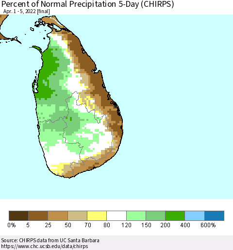 Sri Lanka Percent of Normal Precipitation 5-Day (CHIRPS) Thematic Map For 4/1/2022 - 4/5/2022