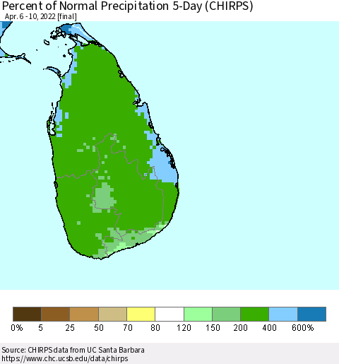 Sri Lanka Percent of Normal Precipitation 5-Day (CHIRPS) Thematic Map For 4/6/2022 - 4/10/2022