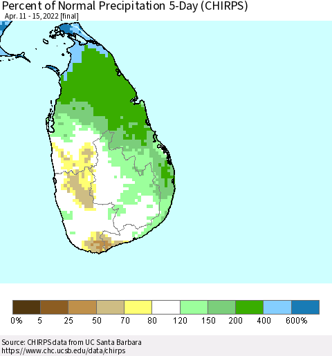 Sri Lanka Percent of Normal Precipitation 5-Day (CHIRPS) Thematic Map For 4/11/2022 - 4/15/2022