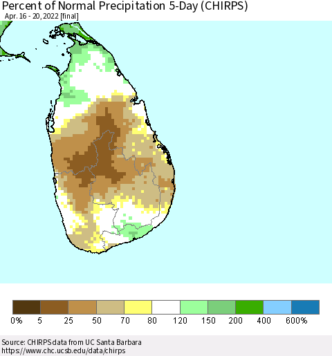 Sri Lanka Percent of Normal Precipitation 5-Day (CHIRPS) Thematic Map For 4/16/2022 - 4/20/2022