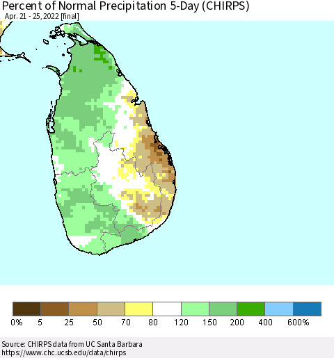 Sri Lanka Percent of Normal Precipitation 5-Day (CHIRPS) Thematic Map For 4/21/2022 - 4/25/2022