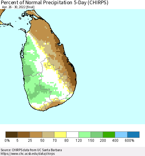 Sri Lanka Percent of Normal Precipitation 5-Day (CHIRPS) Thematic Map For 4/26/2022 - 4/30/2022