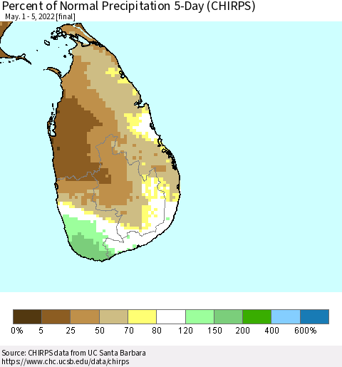 Sri Lanka Percent of Normal Precipitation 5-Day (CHIRPS) Thematic Map For 5/1/2022 - 5/5/2022