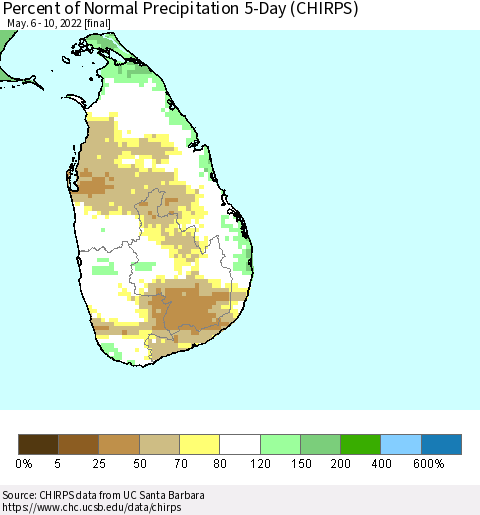 Sri Lanka Percent of Normal Precipitation 5-Day (CHIRPS) Thematic Map For 5/6/2022 - 5/10/2022